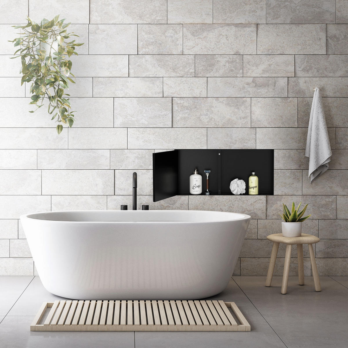 SPRCHOVÁ NIKA z nerezové oceli s obkladovými dvířky, černá, 25,5/55,5 cm - černá, kov (60/10/30cm) - LuxeBath