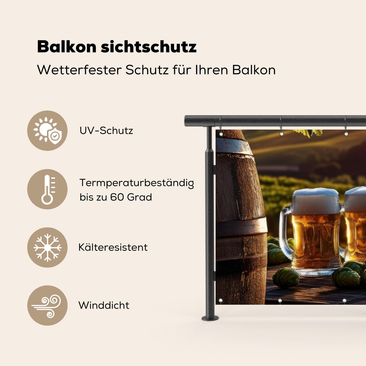 BALKON-SICHTSCHUTZ Bier - Hopfen - Landschaft - Grün, Kunststoff (300/75cm) - MuchoWow