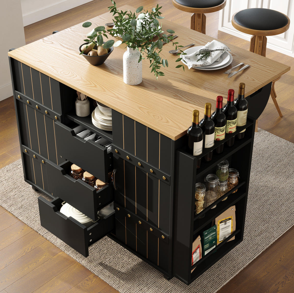 KÜCHENINSEL mit Klapptisch 110 x 42 x 90 cm MDF Schwarz - Schwarz, Holz (42/90/110cm) - Beauniv