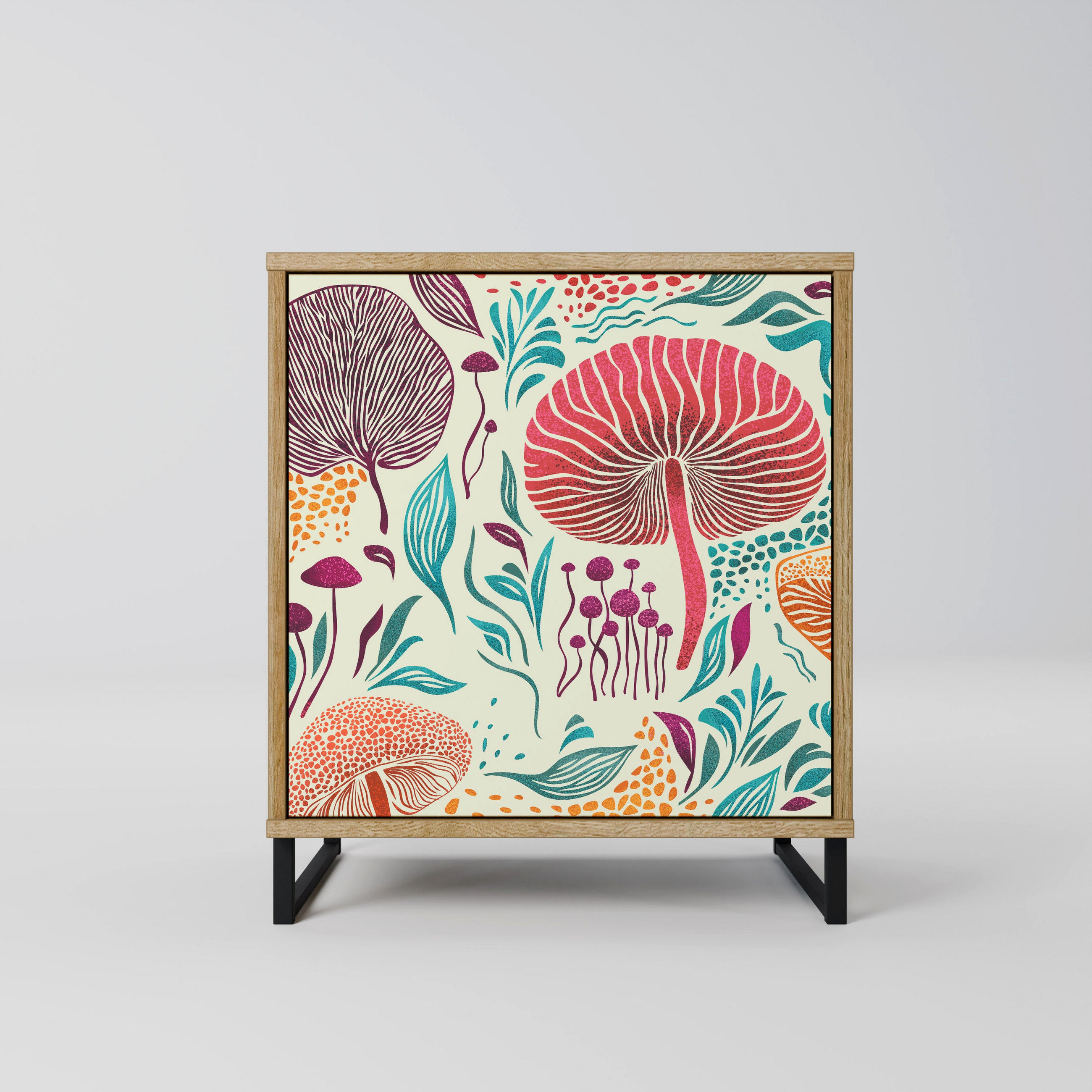 SIDEBOARD FUNGUS FANTASY, Eichefarben, 57,5x42x67,5 cm, Schwarze Metall-Rahmenfüße - Eichefarben/Multicolor, Holzwerkstoff/Metall (57.5/67.5/42cm) - SpaceRebels