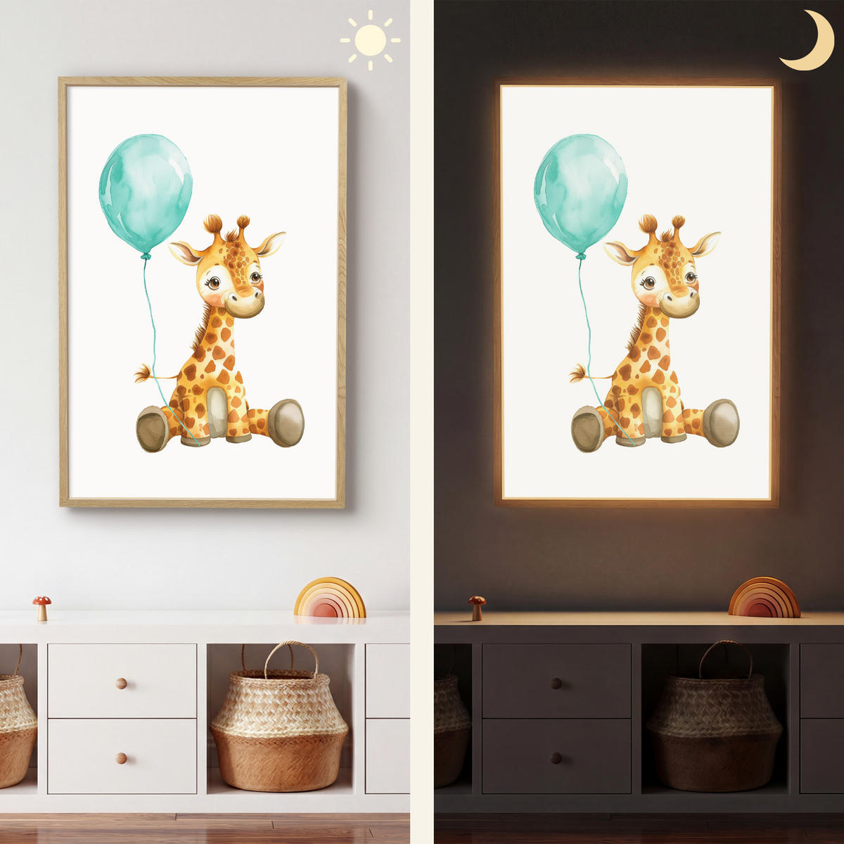 WANDLEUCHTE MIT AKKU Giraffe - Baby - Tiere - Blauer Ballon 60x90 cm - Weiß, Holzwerkstoff (60/90/8cm) - OnlyWow
