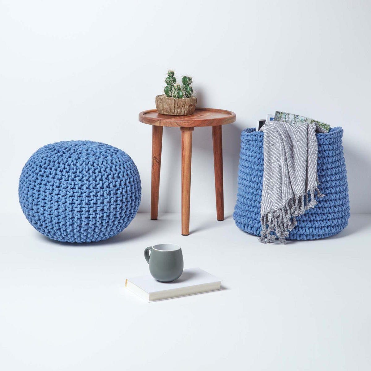 STRICK-POUF blau, 40/40/35 cm - Blau, Textil (40/35/40cm) - Homescapes