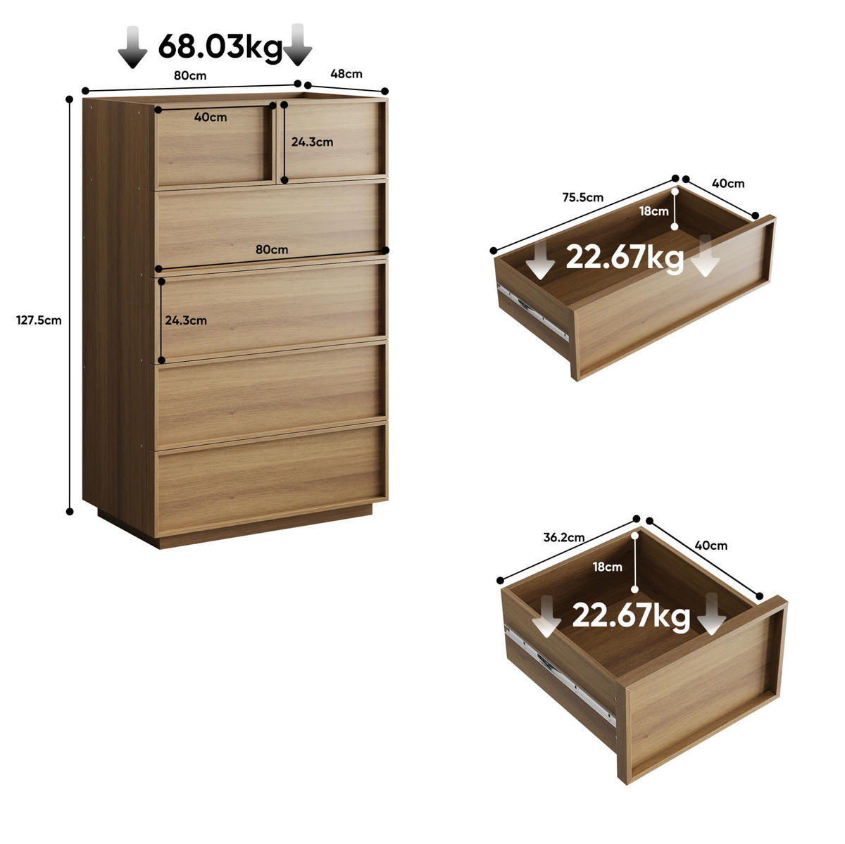 KOMMODE 80/127/48 cm Eichefarben aus MDF und Spanplatte mit 6 Schubladen - Nussbaumfarben, Holzwerkstoff (48/127/80cm) - OKMYHOME
