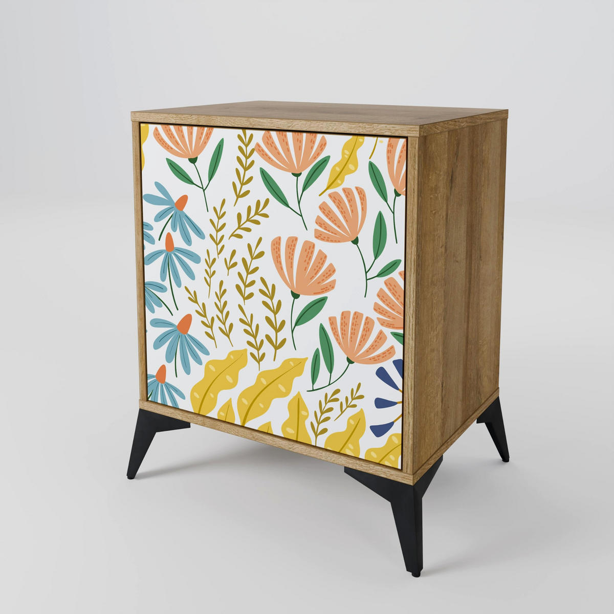SIDEBOARD HELLO SPRING, Eichefarben, 57,5x42x67,5 cm, Schwarze Metall-Rahmenfüße - Eichefarben/Multicolor, Holzwerkstoff/Metall (57.5/67.5/42cm) - SpaceRebels