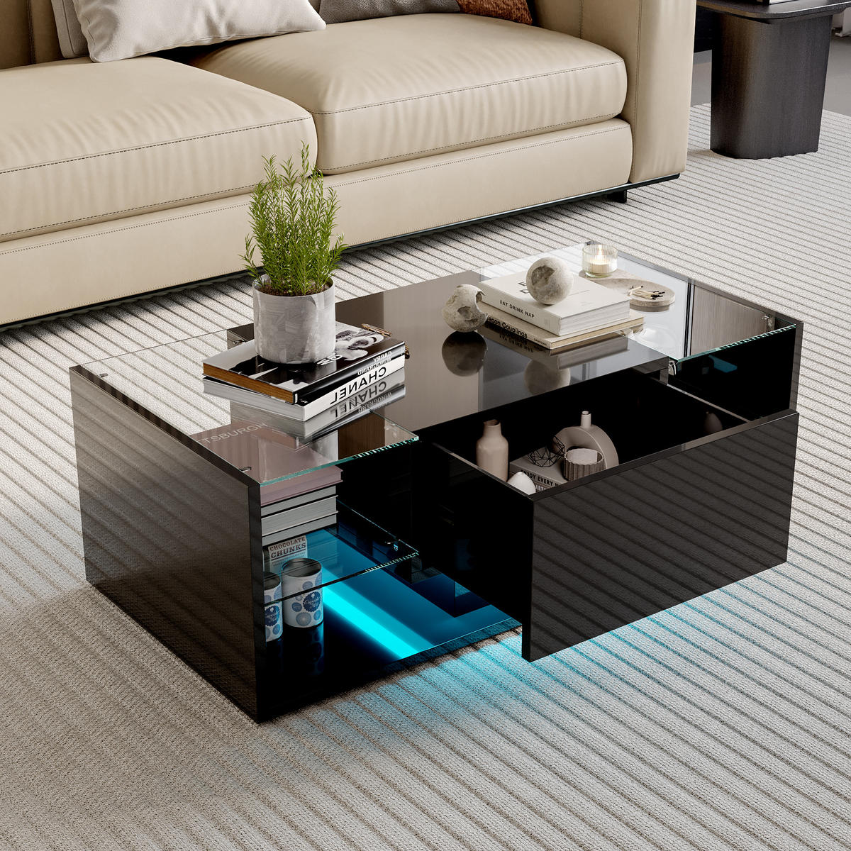 COUCHTISCH LED 100x50x35 cm Glas Hochglanz schwarz - Schwarz, Holz (50/100/35cm) - LEBENLANG