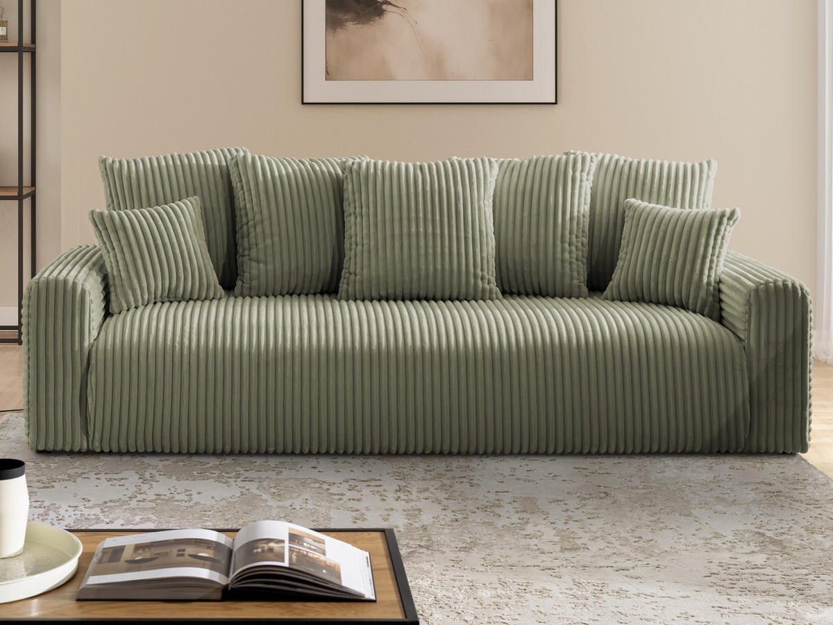 SCHLAFSOFA Calma mit Bettkasten im Bumpy-Design aus weichem Olive Plüschcord - Schwarz/Olivgrün, Holz/Kunststoff (239/88/98cm) - S-Style