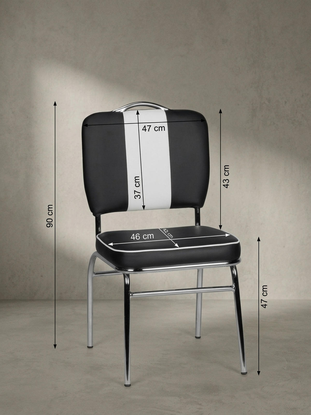 ESSZIMMERSTUHL Kunstleder mit Metallgestell Retro 50er Jahre gepolstert, Schwarz 47x45x90 cm - Silberfarben/Schwarz, Kunststoff/Textil (47/90/45cm) - KADIMA DESIGN