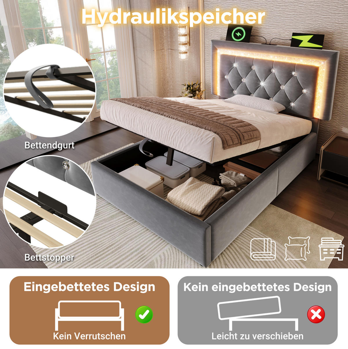 POLSTERBETT 90/200 cm Grau aus Samt mit LED-Beleuchtung und Stauraum - Grau, Textil (90/200cm) - Flora Grace
