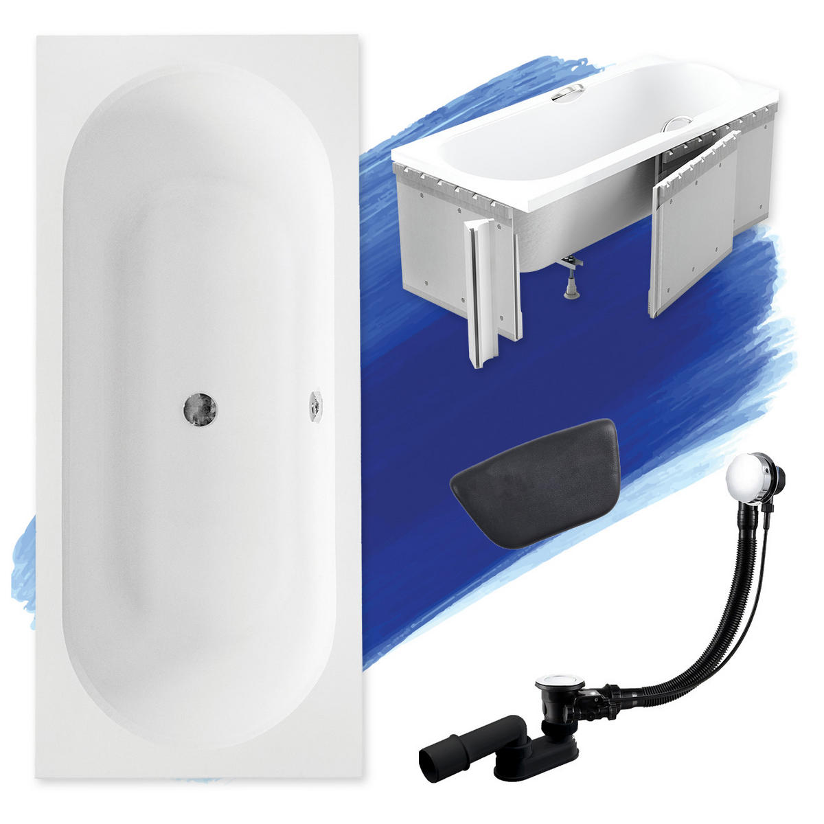 BADEWANNE Rechteck VITAE 170/75 + Styro + Kopfstütze Ablauf Füße - Weiß, Kunststoff (75/55.5/170cm) - bad land