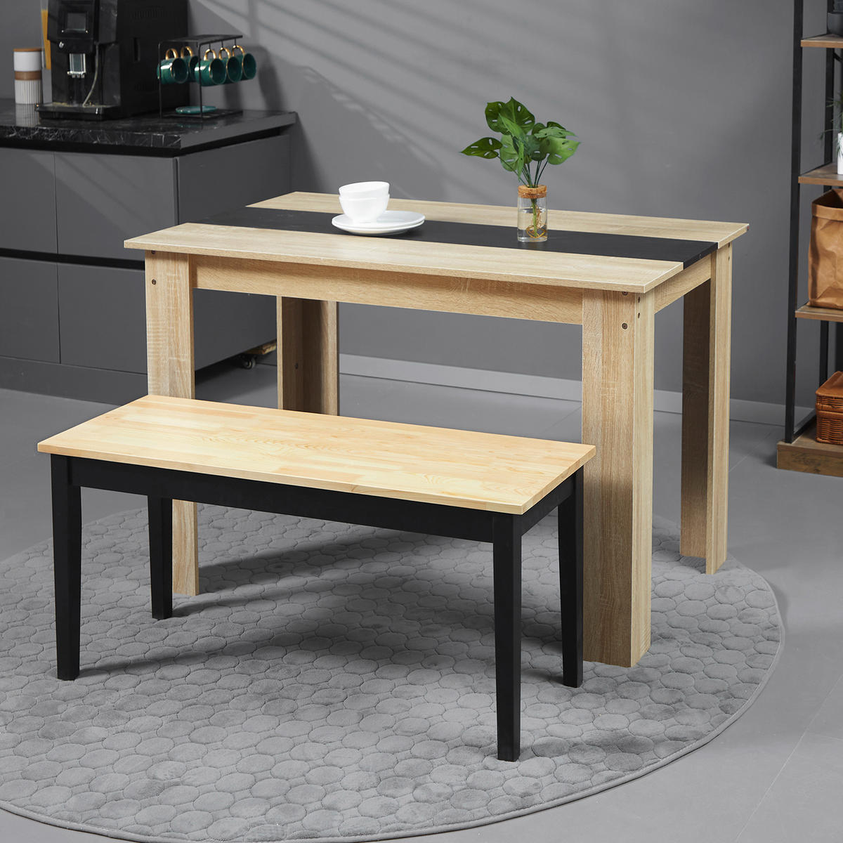 SITZBANK 2-Sitzer Essbank Holzbank, Küchenbank für Eingang bis 220 kg belastbar - Schwarz/Naturfarben, Holz (36/45/102cm) - HOMCOM