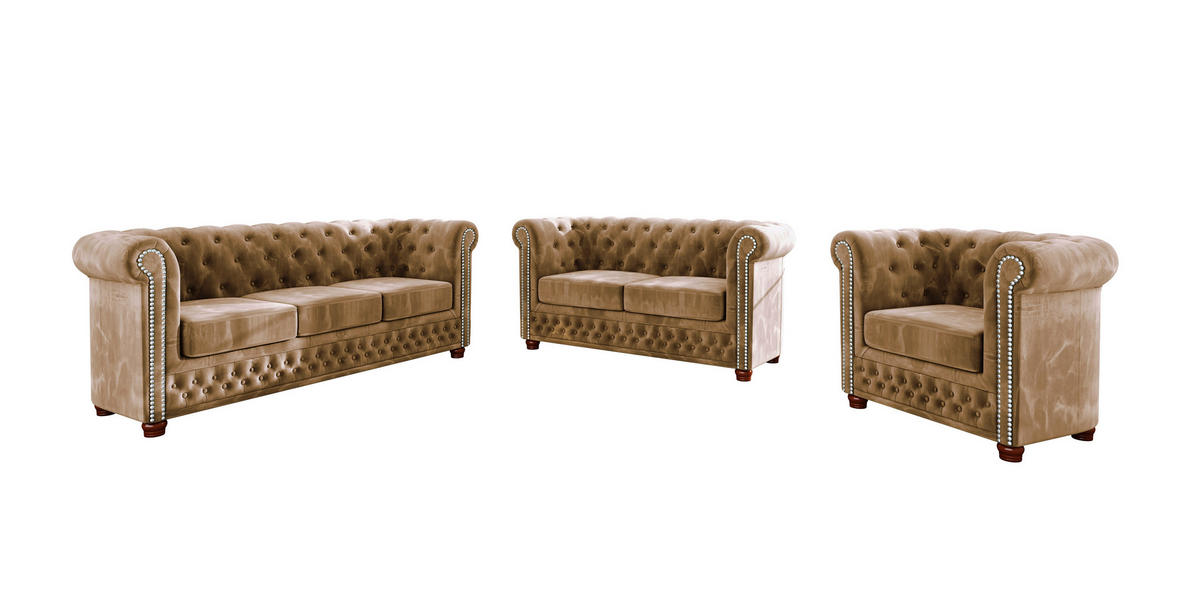 CHESTERFIELD-SOFA 3-sitzer Lauren Beige Samt - Beige/Braun, Holz/Textil (203/72/86cm) - S-Style Möbel