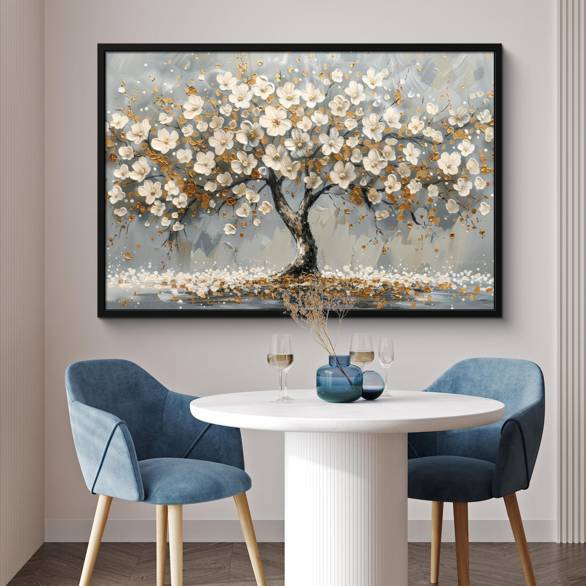 POSTER MIT RAHMEN Baum - Blumen - Weiß - Natur - Kunst 120x80 cm - Weiß, Papier (120/80cm) - MuchoWow