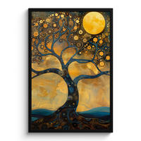 POSTER MIT RAHMENGERAHMTES BILD Baum - Mond - Blumen - Gold - Kunst 60x90 cm - Orange, Papier (60/90cm) - MuchoWow