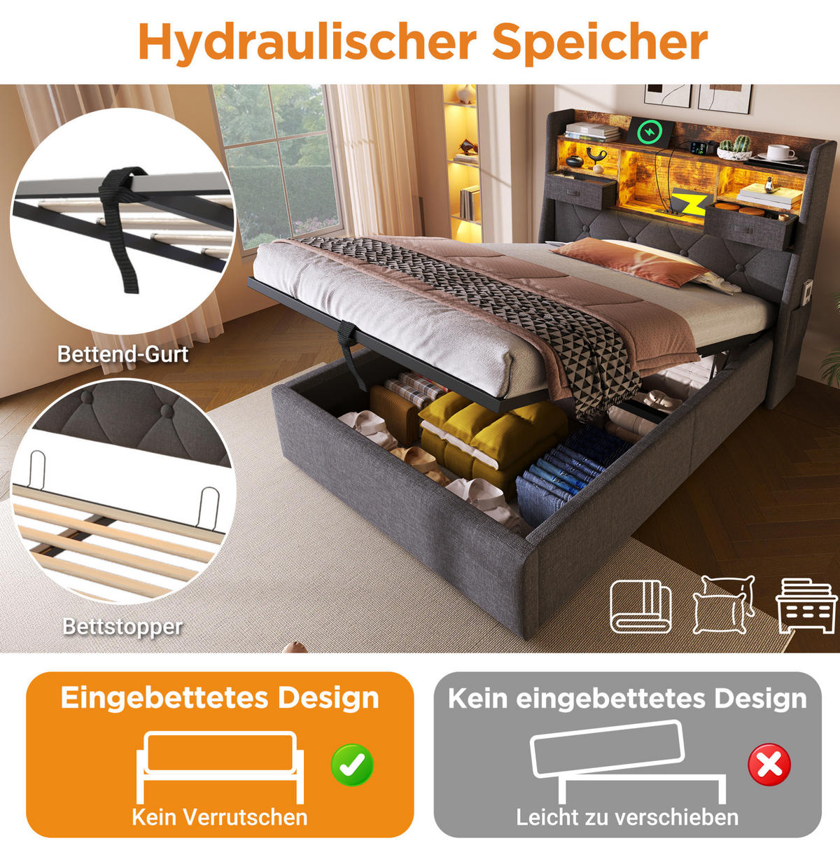 POLSTERBETT 90/200 cm Grau mit Stauraum und LED, USB- und Type-C-Anschlüssen - Grau, Textil (90/200cm) - Flora Grace