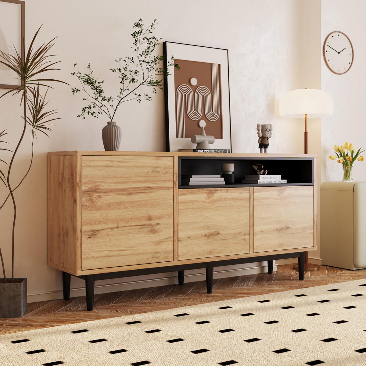 SIDEBOARD Naturfarben, 3 Türen, Regale, Schubladen - Kastanienfarben, Holz (160/76/35cm)