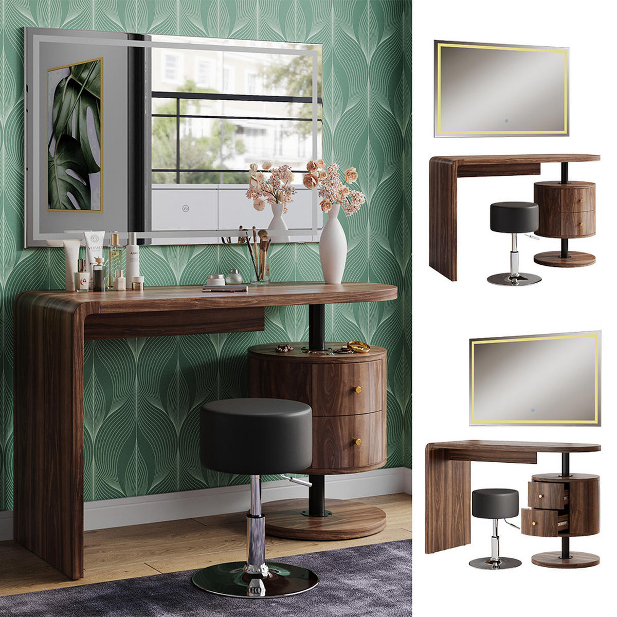 SCHMINKTISCH Lara Eiche rustikal 120 cm mit LED-Spiegel und Hocker - Wildeiche, Holzwerkstoff (120/76/50cm) - Vicco