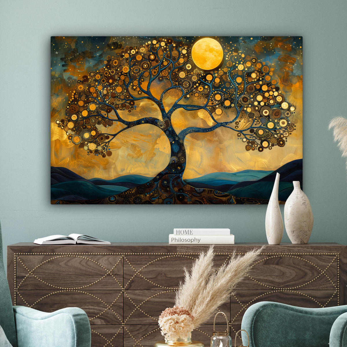 LEINWANDBILD Baum - Mond - Blumen - Gold - Kunst Groß 140x90 cm - Orange, Textil (140/90cm) - MuchoWow