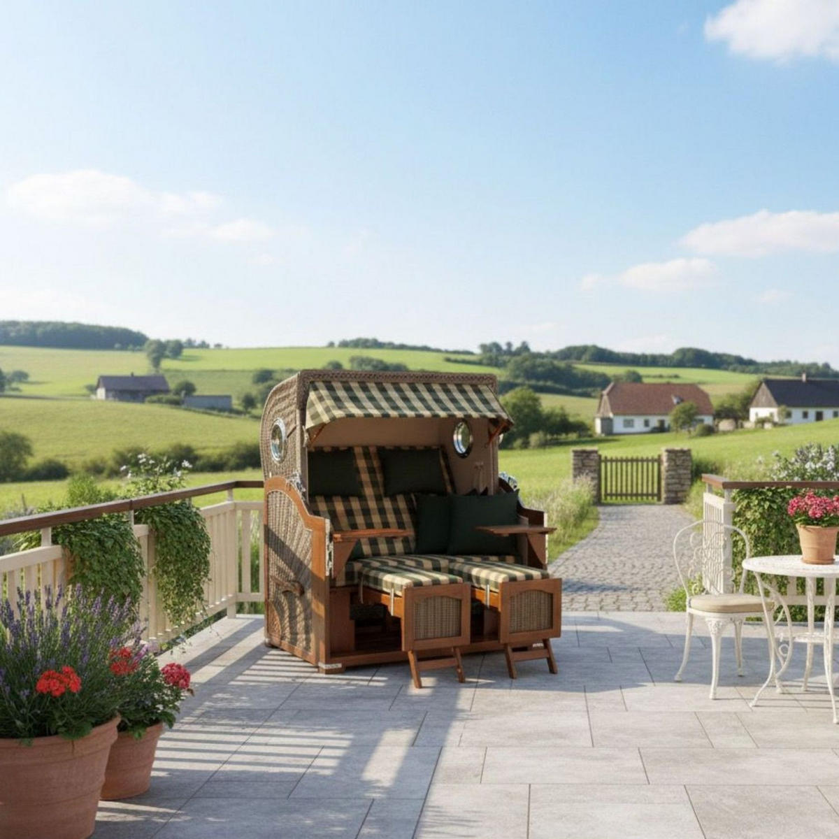 STRANDKORB Komplettset: Ammersee Grande XL Mahagoni Bullauge - PE grau - Modell 506 - Beige/Grün, Holz/Kunststoff (142/165/95cm) - bene living