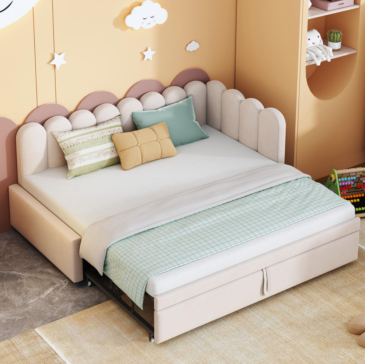 POLSTERBETT aus Samt 90/180x200 cm in Beige mit Ausziehbett - Beige, Textil (90/200cm) - Modfu
