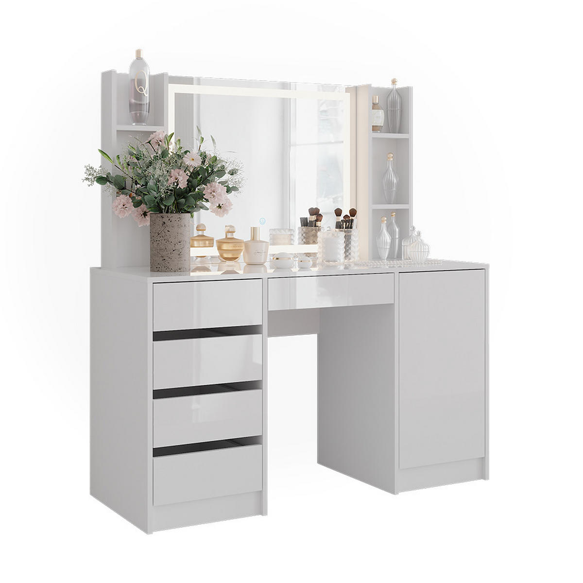 SCHMINKTISCH Sherry Weiß/Weiß Hochglanz 128.2 cm 4 Teile - Weiß Hochglanz, Holzwerkstoff (128.2/76/50.1cm) - Vicco