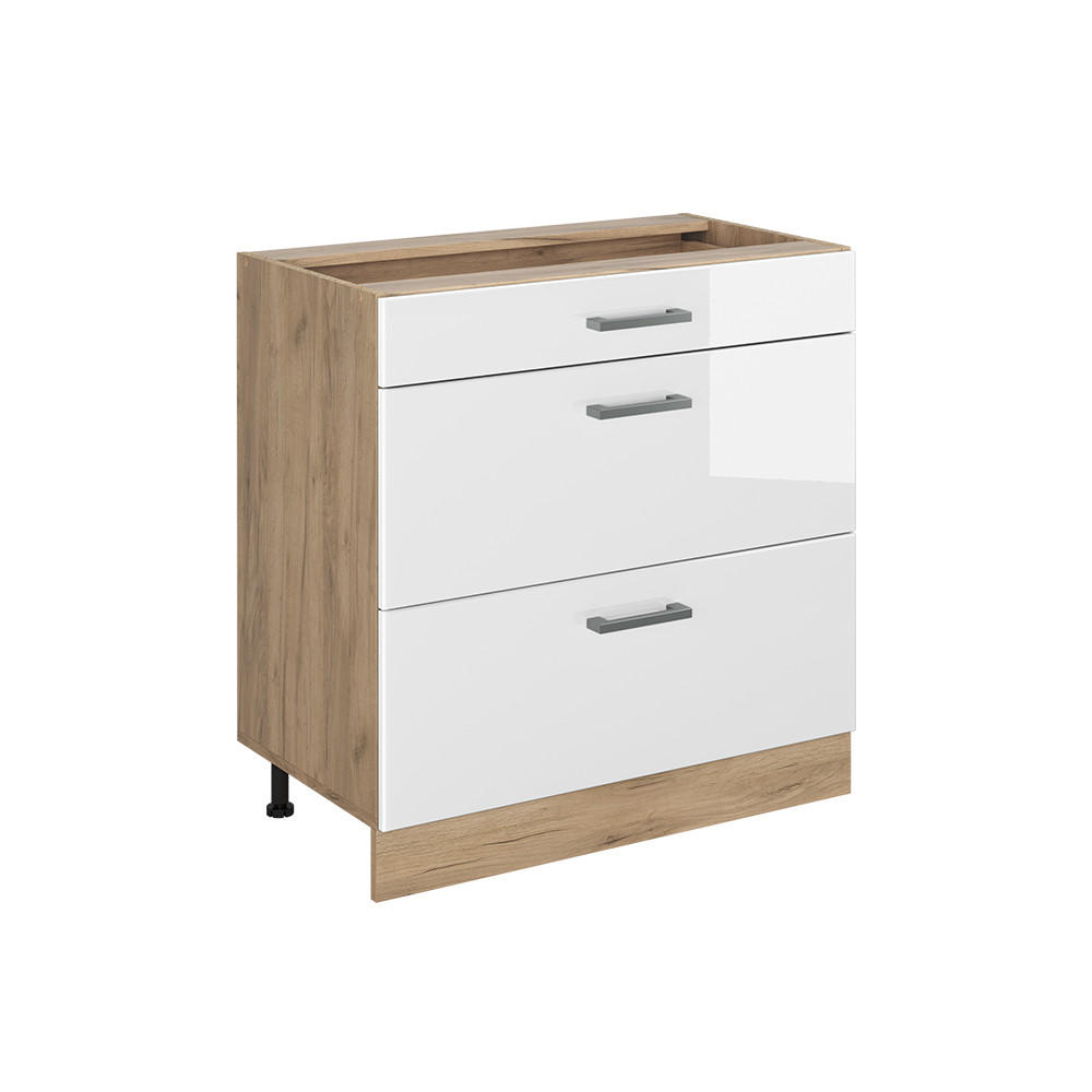 KÜCHENUNTERSCHRANK R-Line, Weiß Hochglanz/Goldkraft Eiche, 80 cm mit 3 Schubladen ohne Arbeitsplatte - Eichefarben/Weiß Hochglanz, Holzwerkstoff (80/81.6/46cm) - Vicco