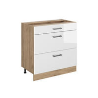 KÜCHENUNTERSCHRANK R-Line, Weiß Hochglanz/Goldkraft Eiche, 80 cm mit 3 Schubladen ohne Arbeitsplatte - Eichefarben/Weiß Hochglanz, Holzwerkstoff (80/81.6/46cm) - Vicco