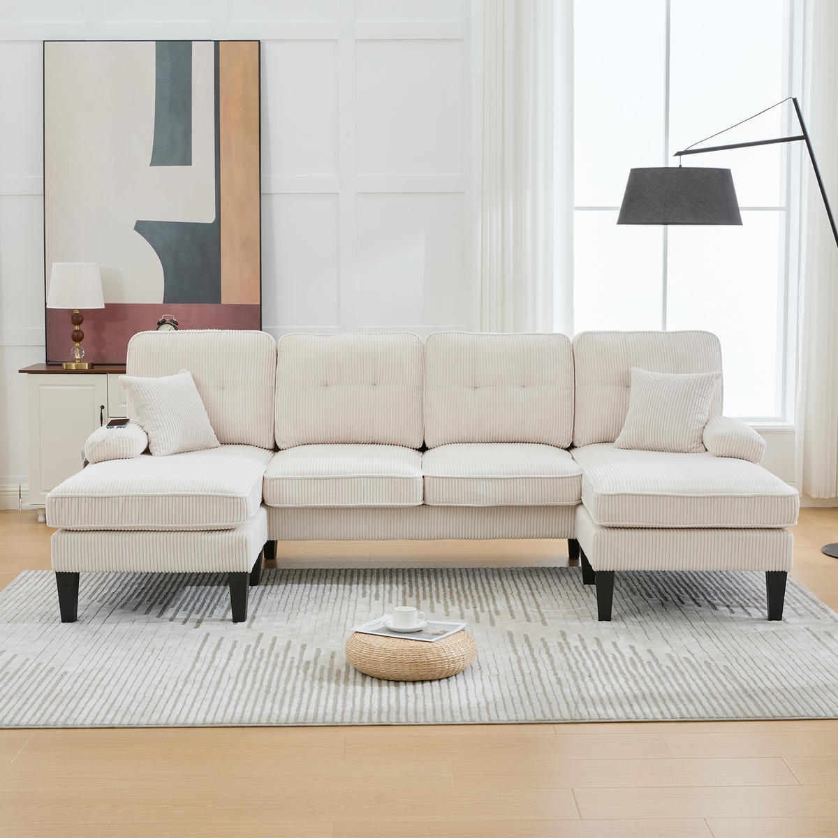 WOHNLANDSCHAFT 250/130/88 cm Beige mit Aufbewahrungsfach und USB/Type-C-Ladeanschluss - Beige, Textil (250/88/130cm) - Oxeza