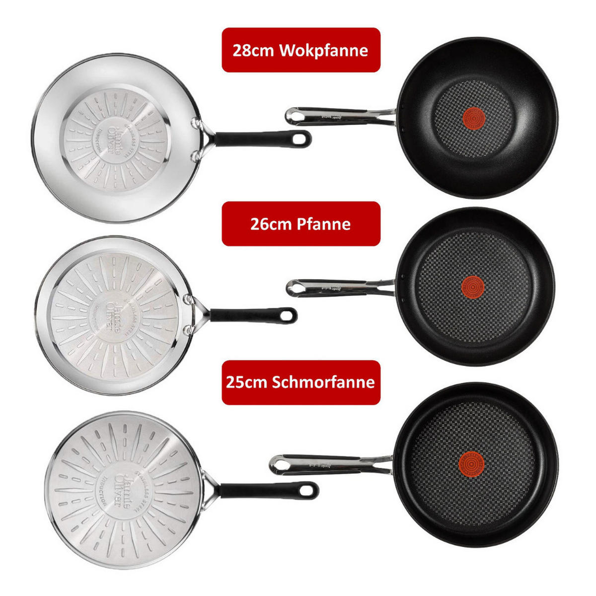PFANNENSET E30 6-tlg 25+26+28 cm Edelstahl Antihaft Induktion Silber - Silberfarben/Schwarz, Metall - Tefal