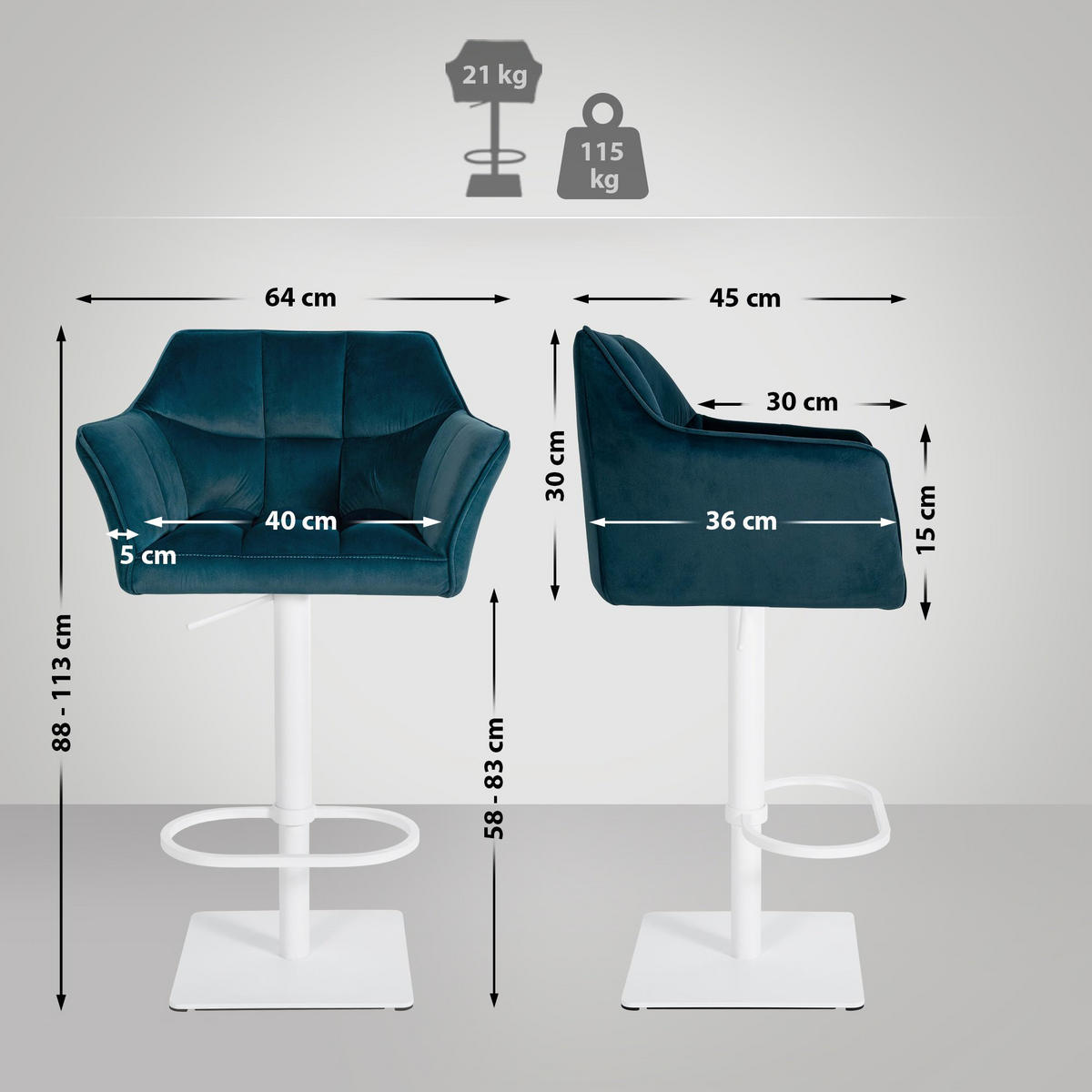 BARHOCKER 2er Set Samt Grün - Weiß/Grün, Textil/Metall (64/88/45cm) - CLP