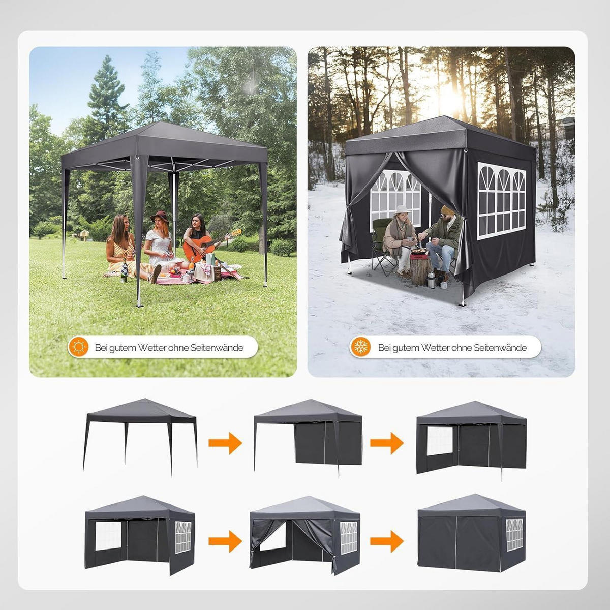 FALTPAVILLON 3x3m mit 4 Seitenteilen, höhenverstellbar in anthrazit - Anthrazit, Metall (300/260/300cm)