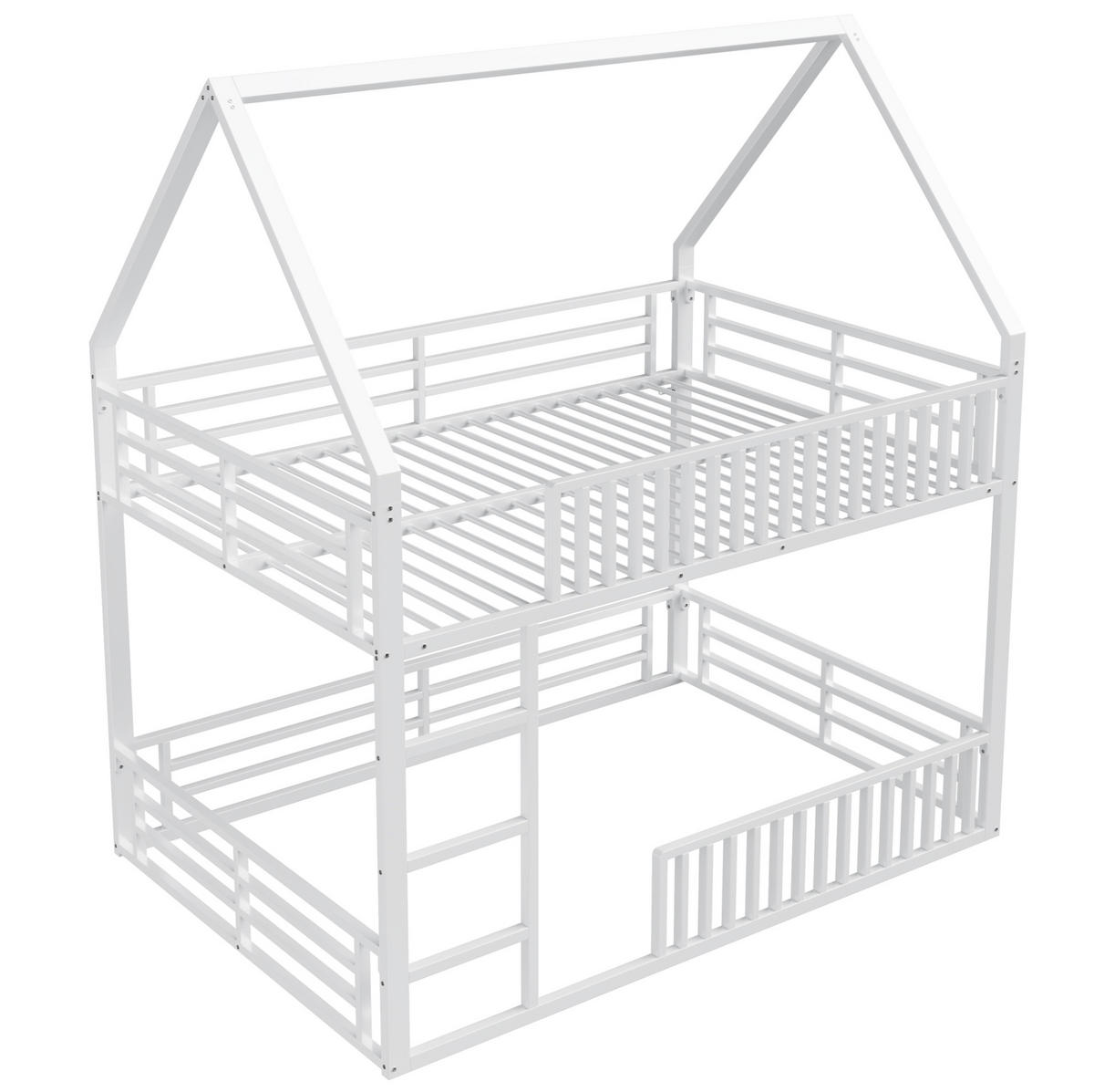 ETAGENBETT in Hausform 140/200 cm, Weiß mit LED und Schutzgeländer - Weiß, Metall (140/200cm) - MIVRAY