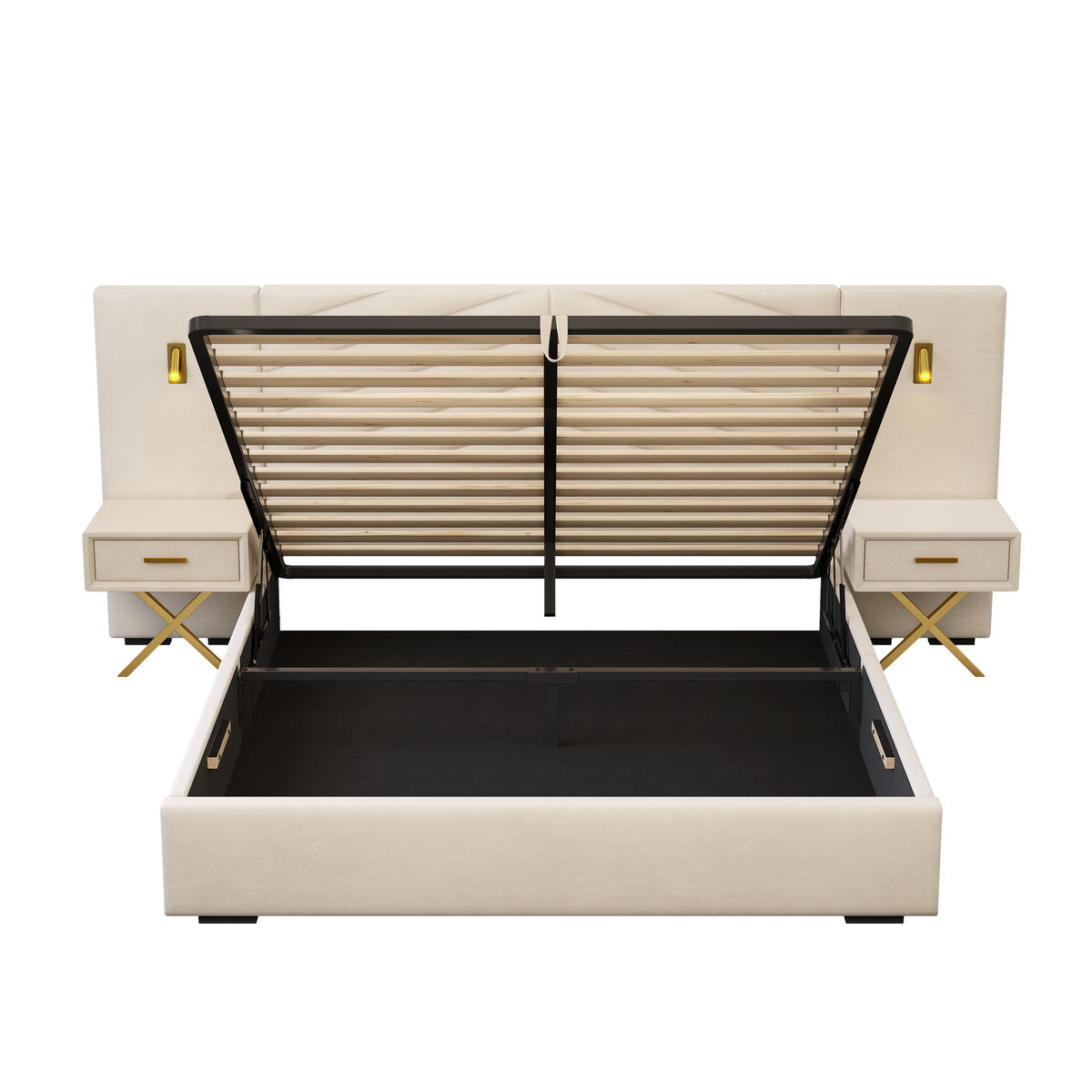 POLSTERBETT 160/200 cm Beige-Weiß mit 2 Bettbänke und 2 LED-Leuchten - Weiß, Holz (160/200cm) - Oxeza