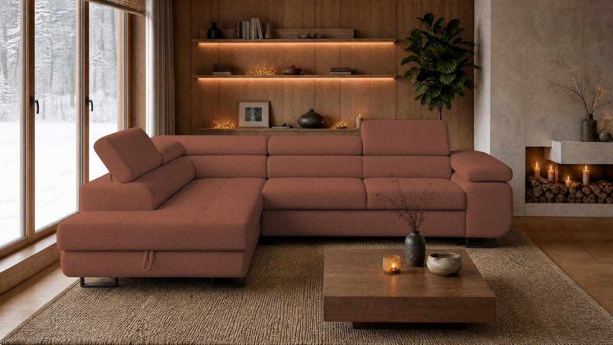ECKSOFA Velmo mit Bettkasten und Schlaffunktion, verstellbaren Kopfstützen, in L-Form - Hellrosa, Textil (275/203cm)