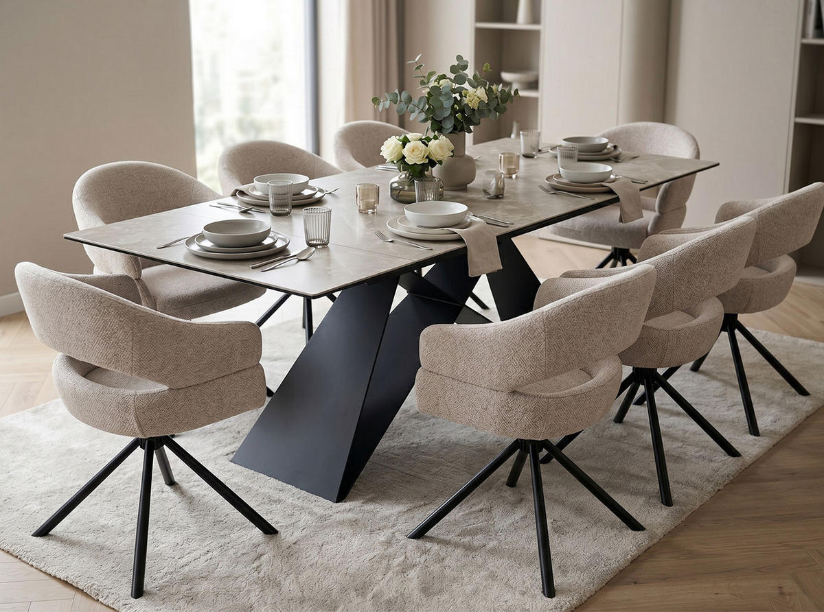 ESSTISCH Westin Crema Marfil Marmor / schwarz 160-240 / 90 / 76cm - Schwarz/Grau, Glas/Holz (90/240/76cm) - Feldmann-Wohnen