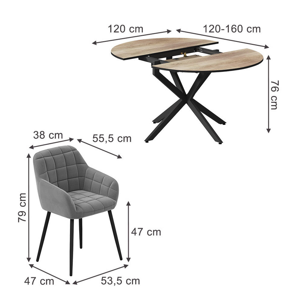 SÚPRAVA JEDÁLENSKÉHO STOLA Loyd, Rustikálny dub/čierna, 120 x 120 cm so 4 jedálenskými stoličkami (sivé) - divoký dub/čierna, kompozitné drevo (120/76.5/120cm) - Vicco