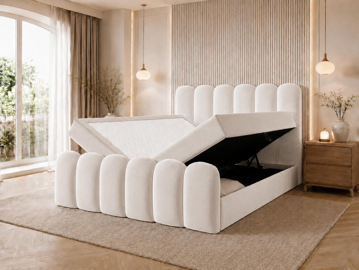 BOXBETT CUDDLE 120x200 cm in Weiß, Bettkasten, Topper, Velvet-Stoff - Weiß, Holz/Textil (120/200cm) - EMLAR Home