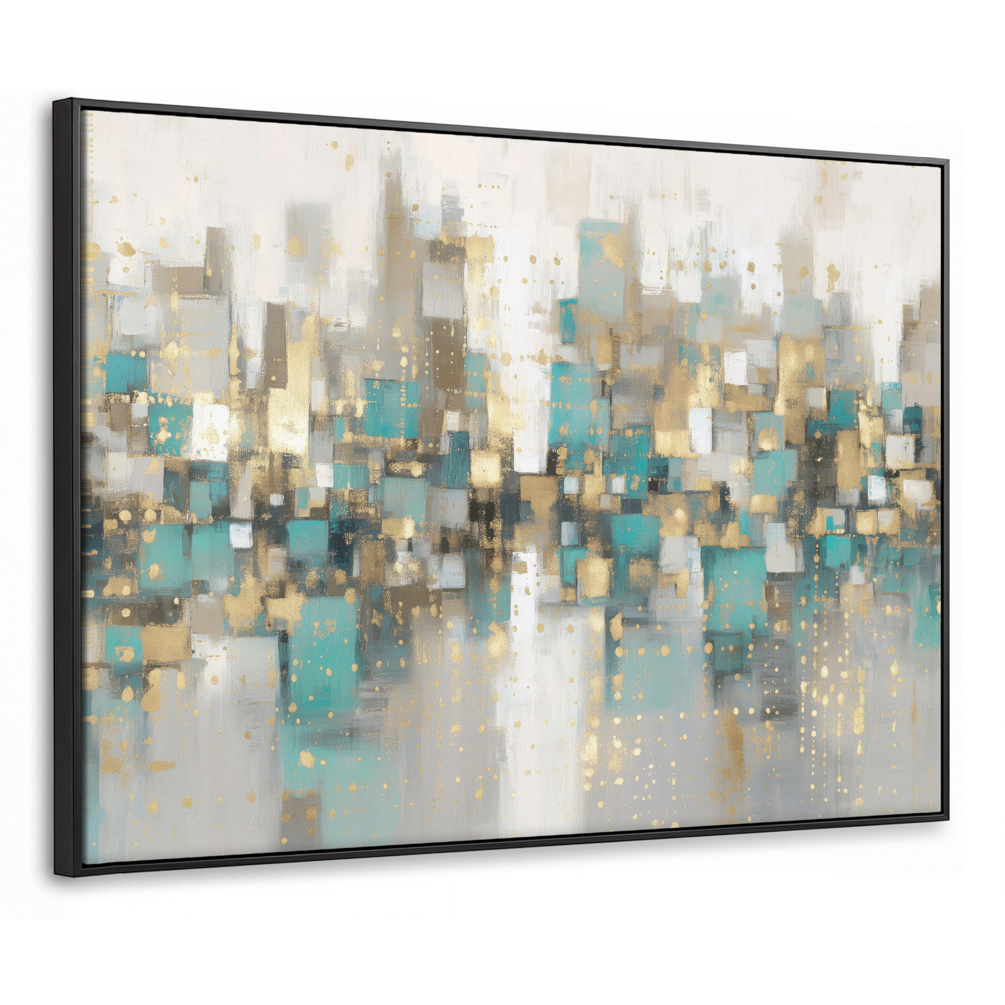 LEINWAND Bilder mit Rahmen - Abstrakt - Blöcke - Gold - Skyline - 100x70 - Beige, Textil (100/70cm) - MuchoWow