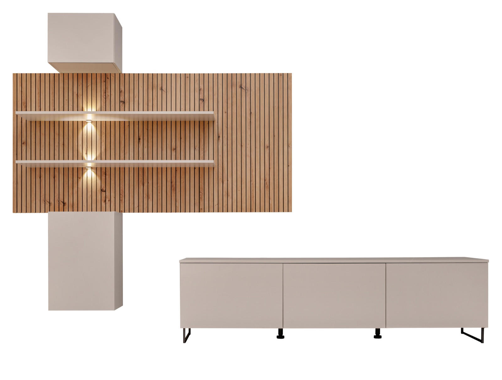 WOHNWAND 4-teilig Sand matt, Eiche Artisan 280 cm, Schrankwand hängend inklusive LED Beleuchtung - Sandfarben/Schwarz, Holzwerkstoff/Kunststoff (280/200/45cm) - Furn.Design