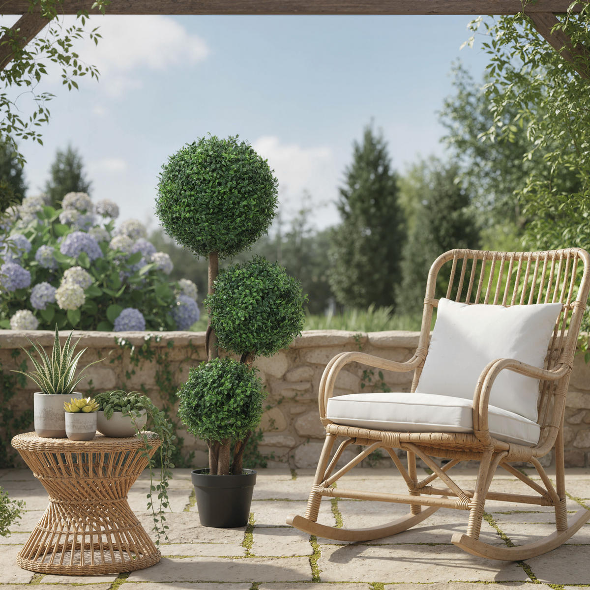 KÜNSTLICHE Buchsbaumkugel groß 100cm dreikugelig Kunstpflanze mit Holzstamm - Schwarz/Braun, Holz/Kunststoff (100cm) - HOMCOM