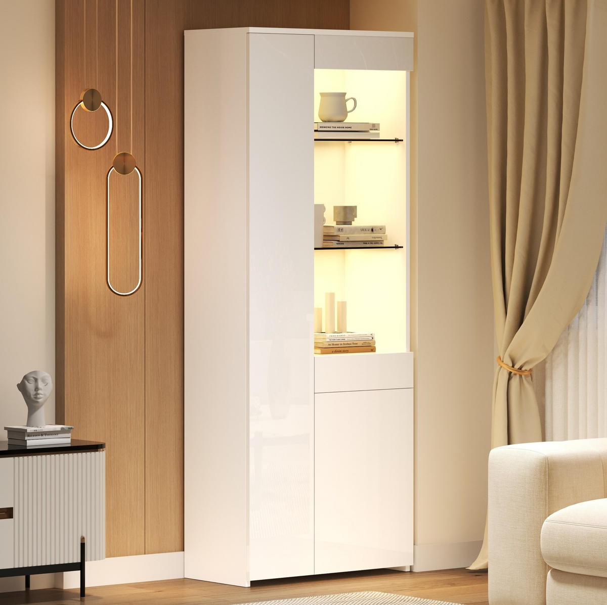 VITRINE 70/35/180 cm in Weiß mit LED-Beleuchtung und Schublade - Weiß, Holzwerkstoff (70/180/35cm) - Flora Grace