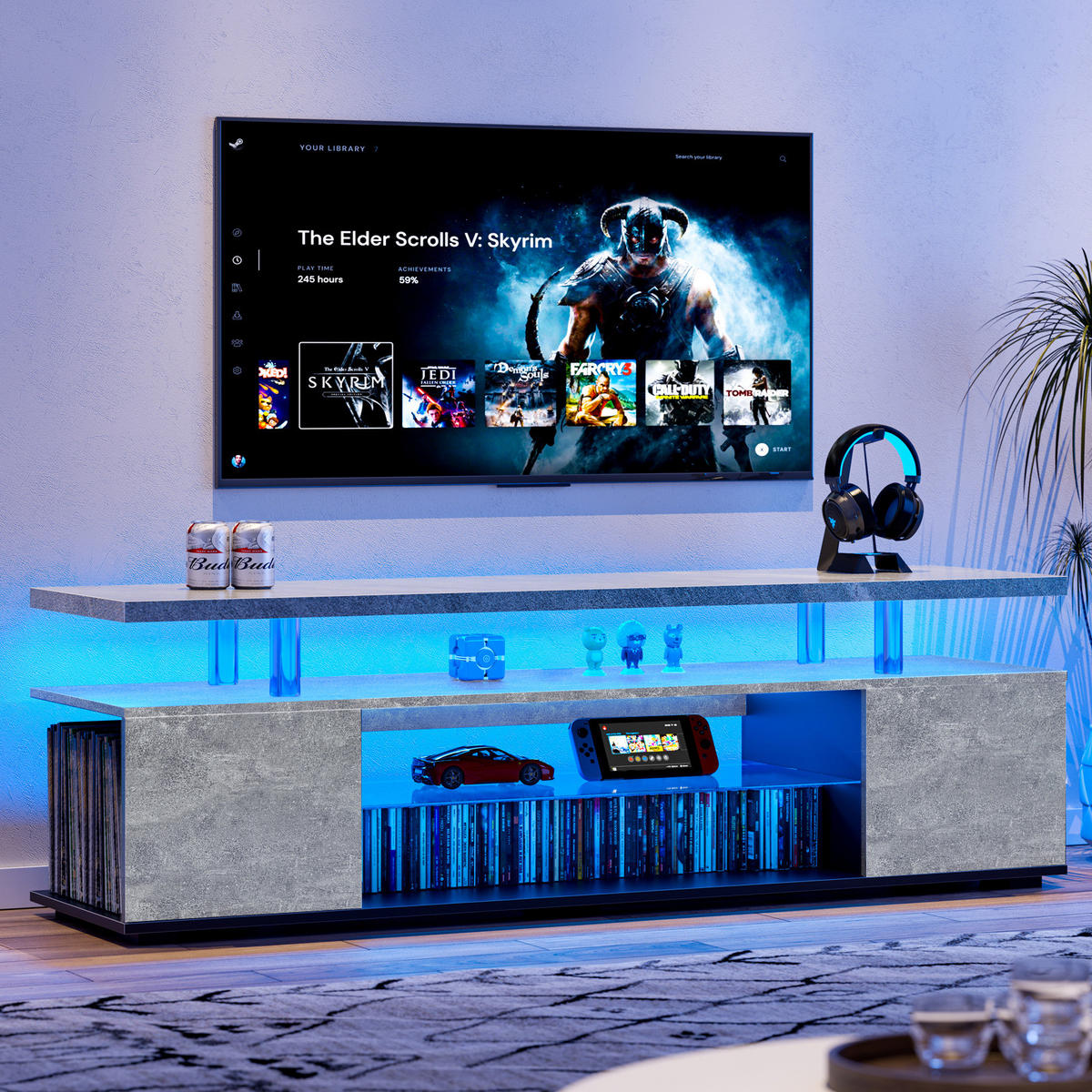 TV-LOWBOARD aus Holzwerkstoff 130x40x48 cm Grau/Schwarz mit LED-Beleuchtung, offenen und geschlossenen Fächern - Schwarz, Holzwerkstoff (130/48/40cm) - Modfu
