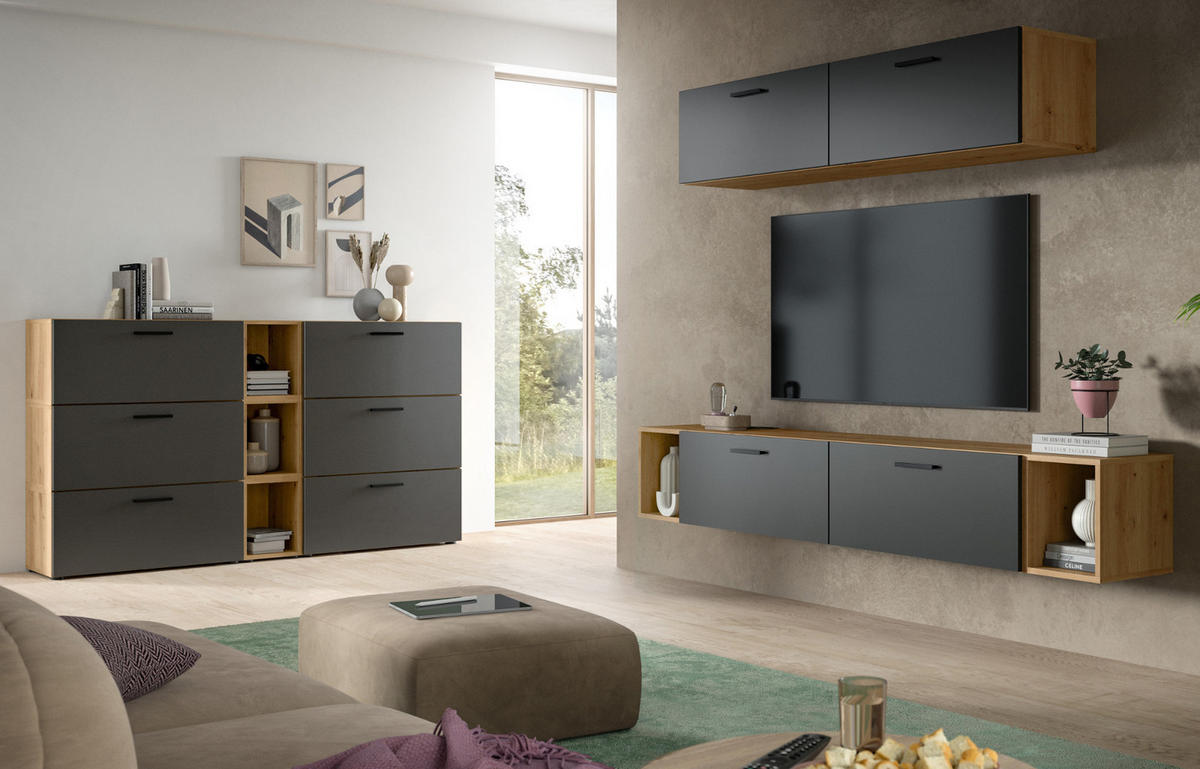 STAURAUMSCHRANK grau, Eiche Artisan 65 x 178 cm, Mehrzweckschrank mit viel Stauraum - Schwarz/Eiche Artisan, Holzwerkstoff/Kunststoff (65/178/34cm) - Inn.Furn
