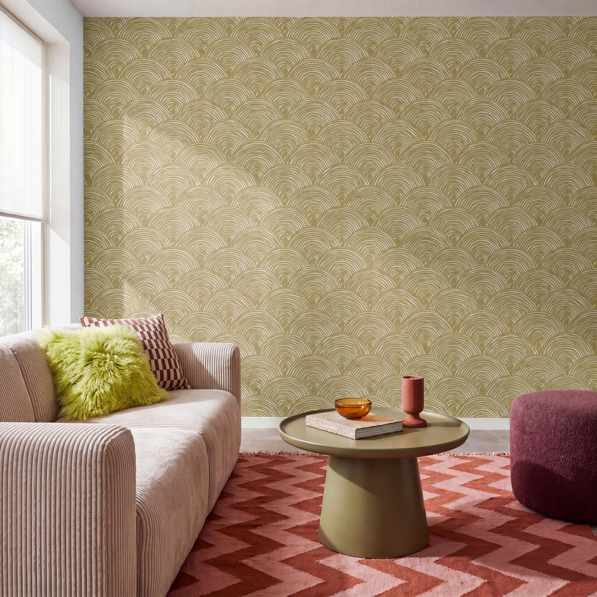 TAPETE - Fächer - Geometrisch - Grün - 280x240 cm - Goldfarben, Papier (280/240cm) - OnlyWow
