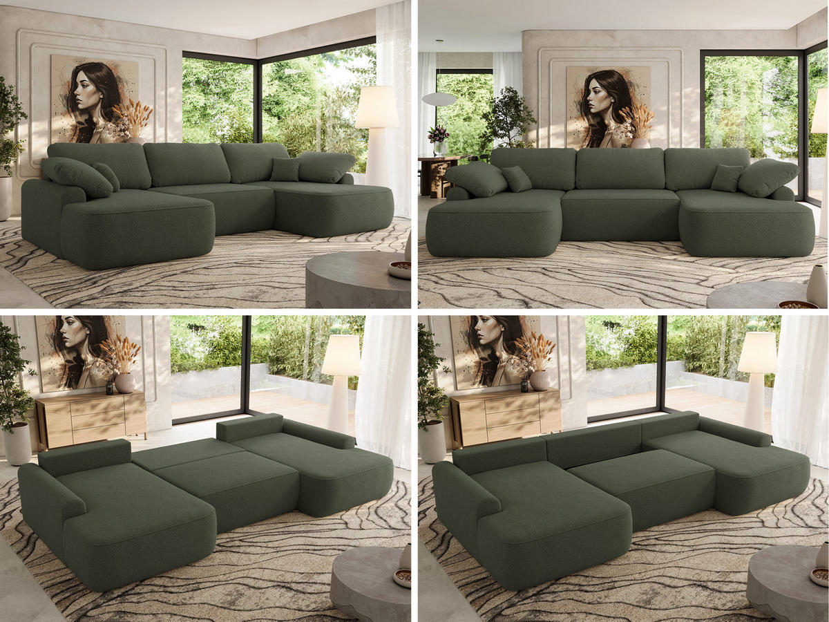 WOHNLANDSCHAFT CUBO U Dunkelgrün Boucle - Dunkelgrün/Schwarz, Kunststoff/Textil (370/100/187cm) - MKS