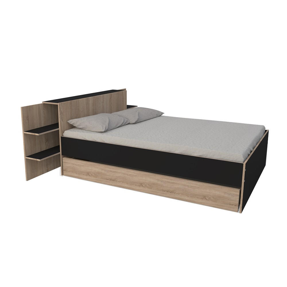 BETT CITY mit Kopfteil und Schublade/ Bett 140x190 - Schwarz & gebleichte Eiche Dekor - Schwarz/Sonoma Eiche, Holzwerkstoff (140/190cm) - Weber Industries