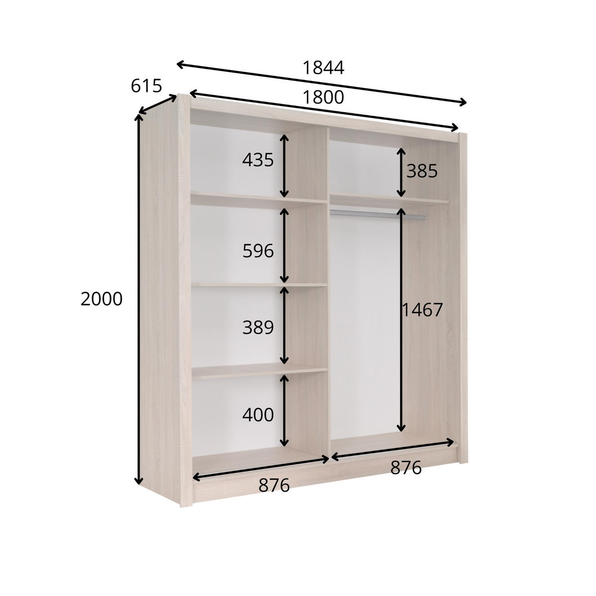 SCHWEBETÜRENSCHRANK 2-Türen 184 cm mit Spiegel in Artisan - Sonoma Eiche, Holzwerkstoff (61.5/200/184.4cm) - Home Collective
