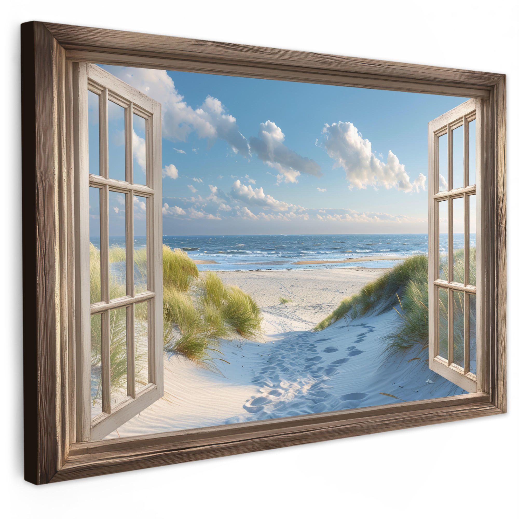 LEINWANDBILD Aussicht - Strand - Fenster - Dünen - Meer Wohnzimmer 120x80 cm - Hellblau, Textil (120/80cm) - MuchoWow