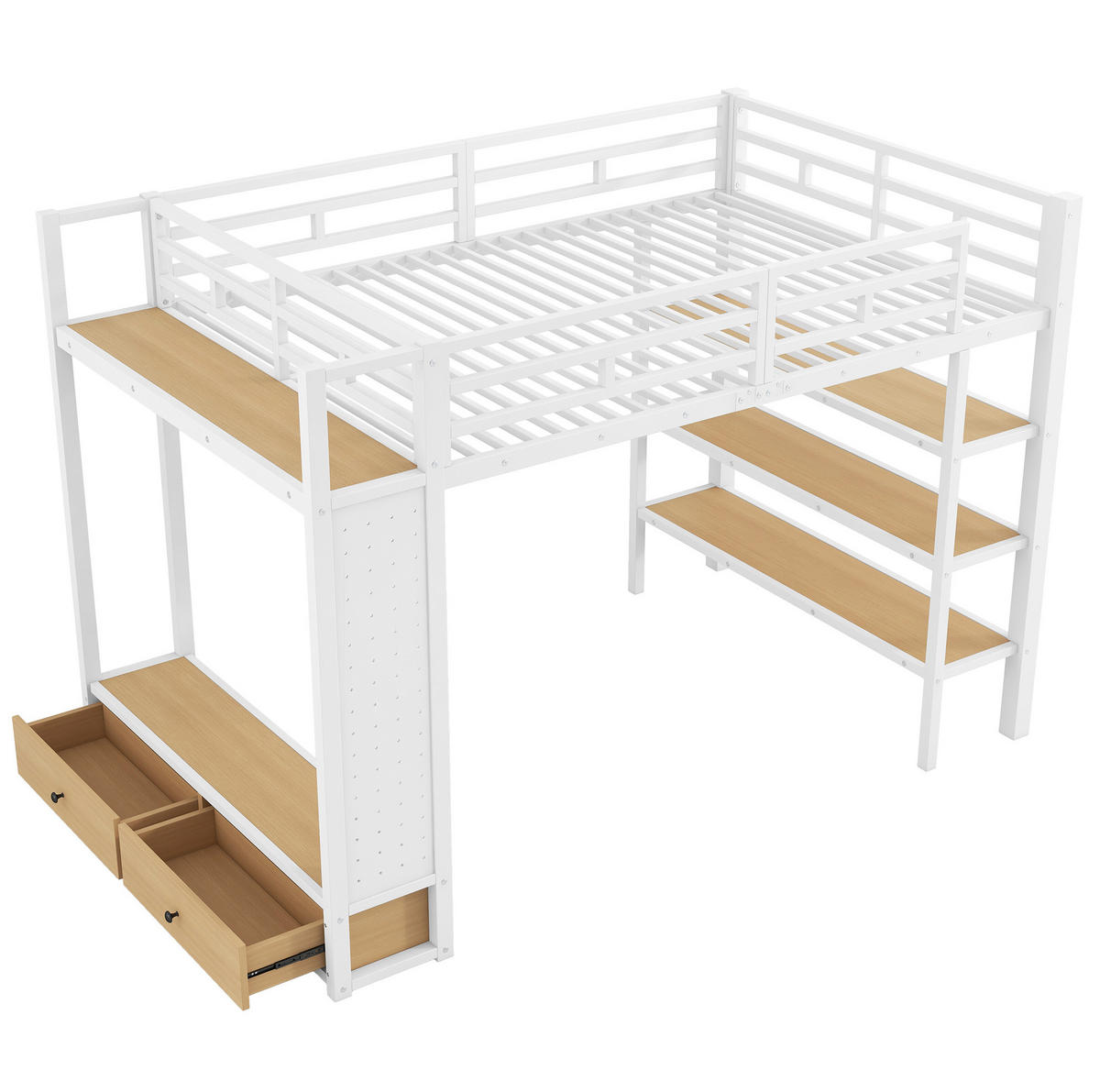 HOCHBETT aus MDF und Metall 140x200 cm Weiß mit Kleiderschrank, Lochwand, LED-Beleuchtung und Stauraum - Weiß, Holzwerkstoff (140/200cm) - Modfu