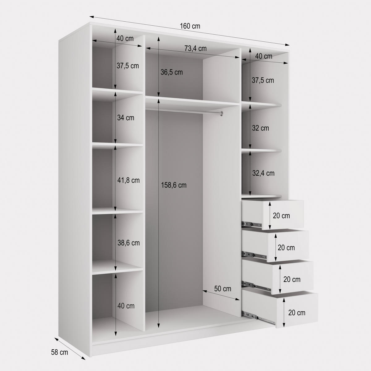 SCHWEBETÜRENSCHRANK PINA 160/205/58 cm 3-türig mit Spiegel und 4 Schubladen Titanfarben - Titanfarben, Holzwerkstoff (160/205/58cm) - MASSENO