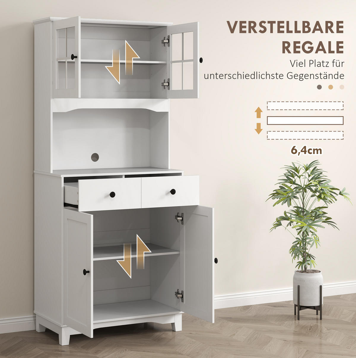 BUFFET aus MDF und Kautschukholz 68x39,5x170 cm Weiß mit verstellbaren Regalen, Lamellentüren und 2 Schubladen - Weiß, Holzwerkstoff (68/170/39.5cm) - Modfu